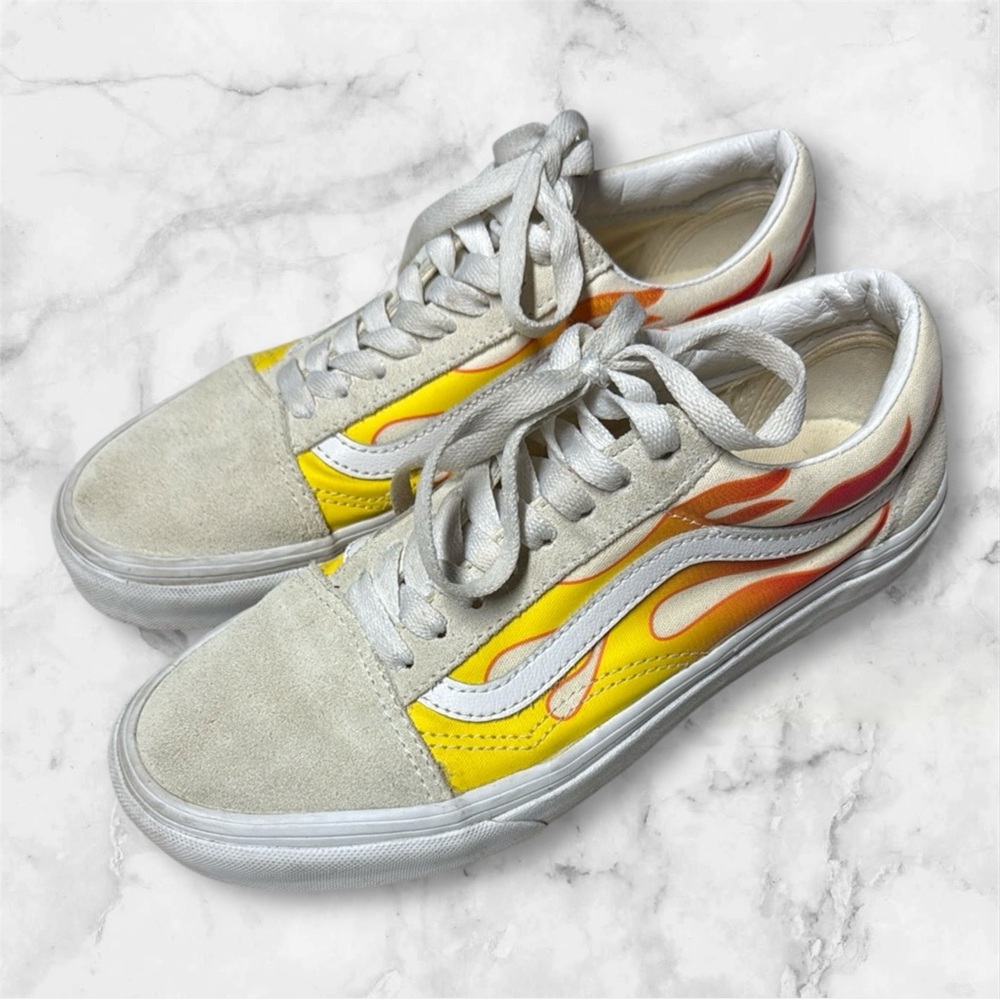 Vans old school cream suede with Yellow Flame colorful Sneakers US M 6.5/ W 8